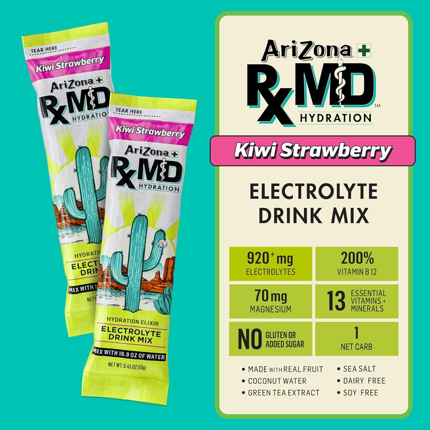 image:imageArizona Rx MD Hydration Watermelon Drink Mix 920mg of Electrolytes 045 oz Powder Sticks Pack of 6Kiwi Strawberry